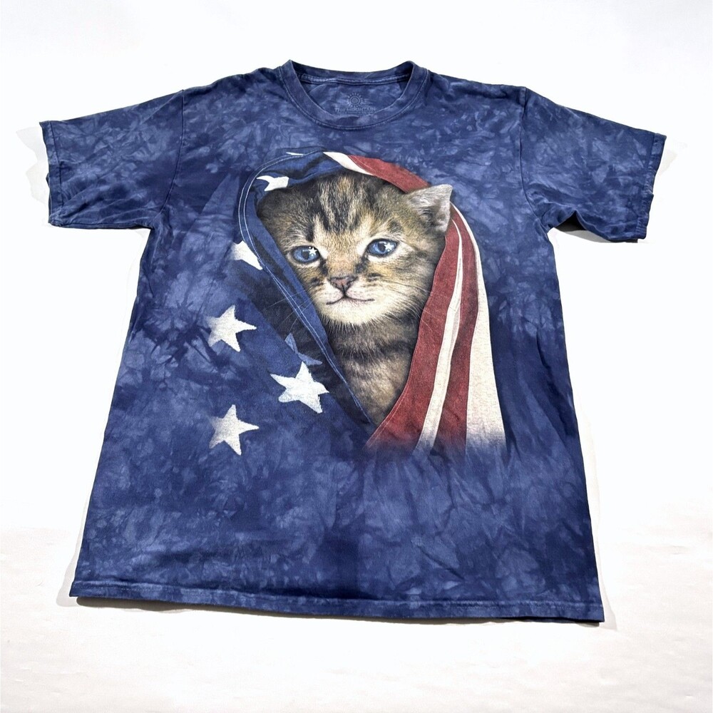 The Mountain Tie Dye Graphic Print Kitty USA Flag America T-shirt Tee Crew Sz L